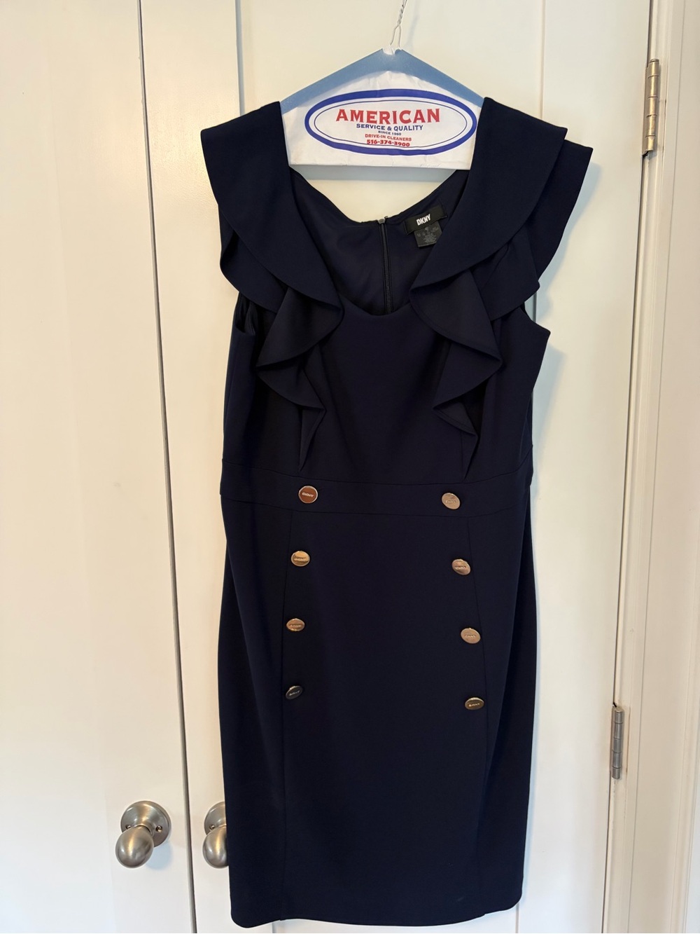 DKNY Navy Blue Ruffle Sheath Dress Gold Logo Buttons Size 12